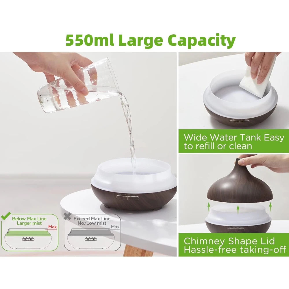 アロマディフューザー & 6 エッセンシャル オイル セット、550ml ディフューザー超音波ディフューザークールミスト加湿器 4 タイマー付き 7 色 Lig