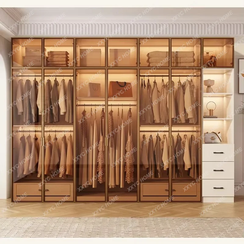 XXLight Luxury Glass Door Wardrobe Home Bedroom Double Cloakroom Combination Large Wardrobes  Closet Cabinet Furniture