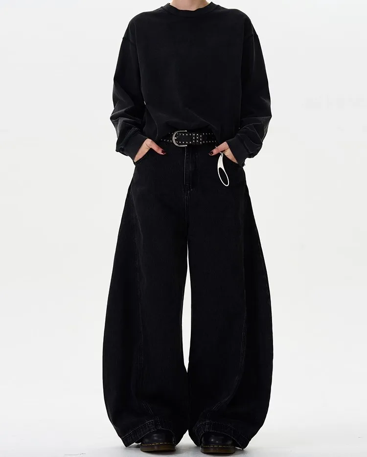 

High Streets Autumn Men's Jeans New American Baggy Wide Leg Curved Knife Denim Pants Loose Solid Color Male Trendy Trousers