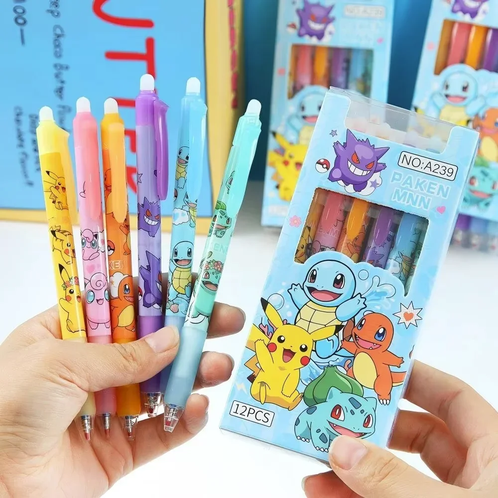 Zufällige 6/24 Stück Pokémon 0,5 mm blaue Tinte, radierbare Neutralstifte, niedliche Schüler-Schulartikel, Cartoon-Schreibwaren, radierbarer Stift