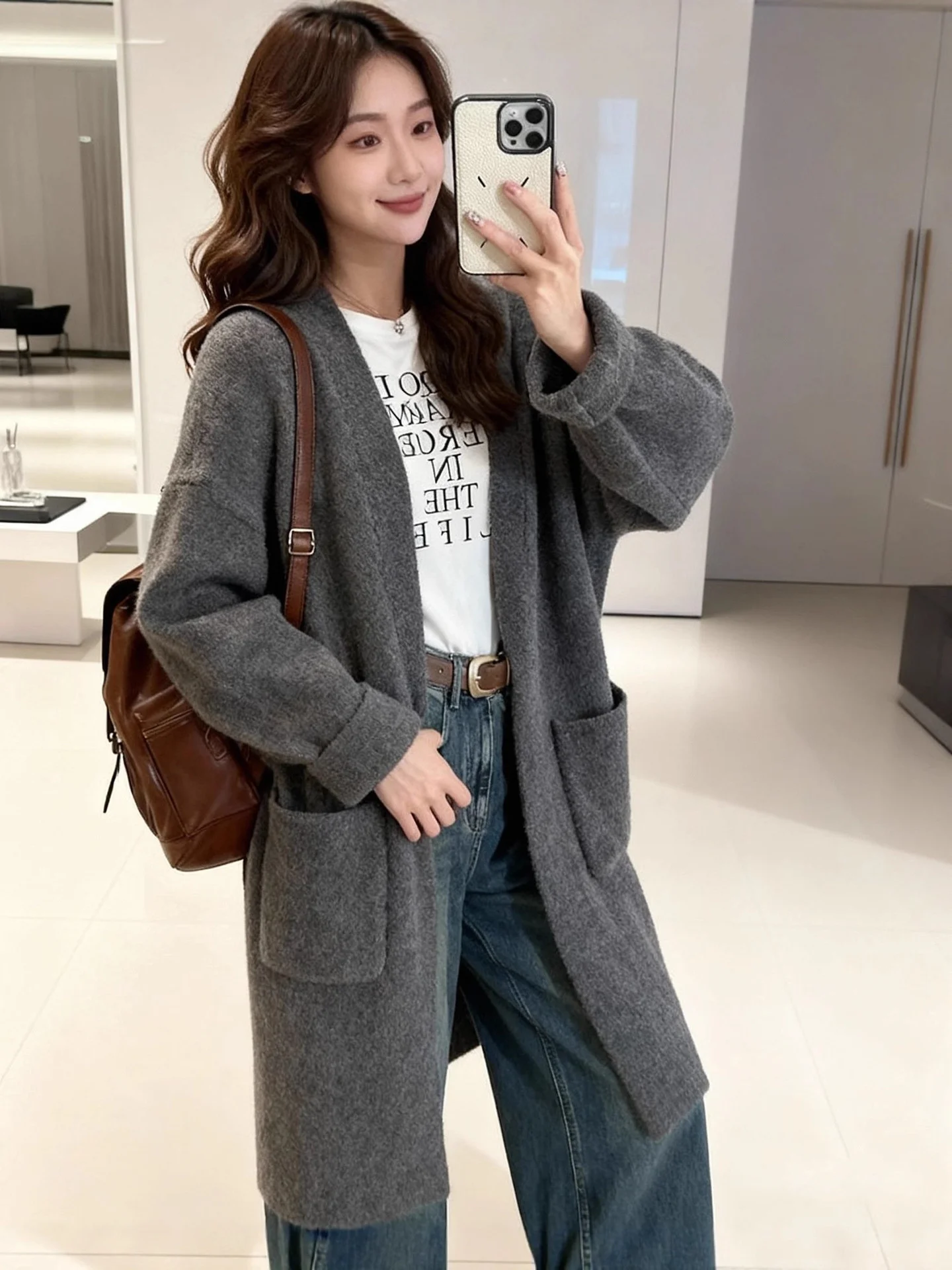 

Mid-Long Cardigans Old Money Womens Autumn Knot Feminine Chic Contrast Polychrome Cowgirl Western-Style Crop Puff Print Spliced