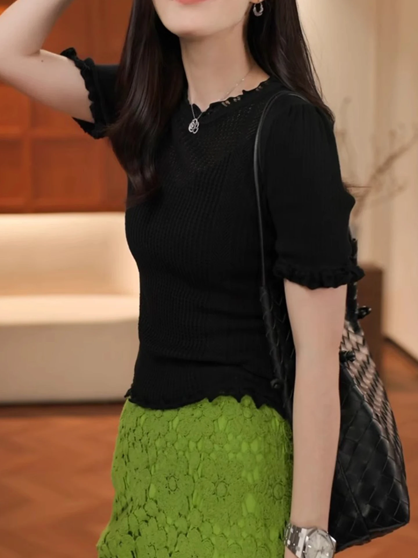 

European Sle Breathable Slim Fit ort Sve Knitwear Pure Color Summer New Arrival Hollow out Design Women's Top