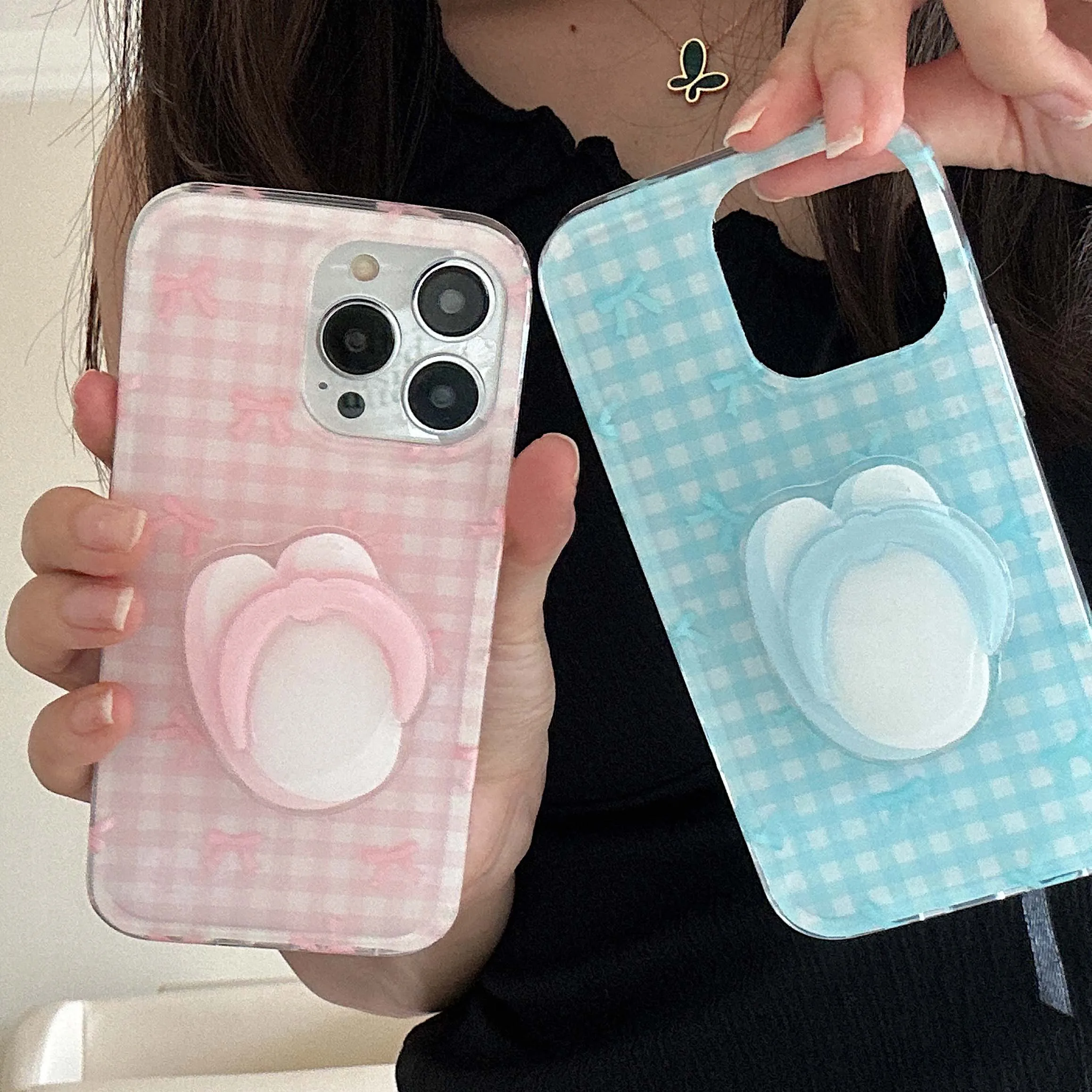 Ins Bowknot Check Phone Case For Iphone 14 15promax 15Pro 12ProMax 13 15 Pro Max 13Pro 14Pro Cute Flip-flops Summer Shell Fundas