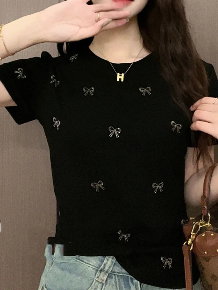 High Quality New Summer Women’s Sexy O-Neck Cotton T-Shirt Clothes Chic Shiny Bow Diamonds Tops Korean Short Sleeve Casual Tees