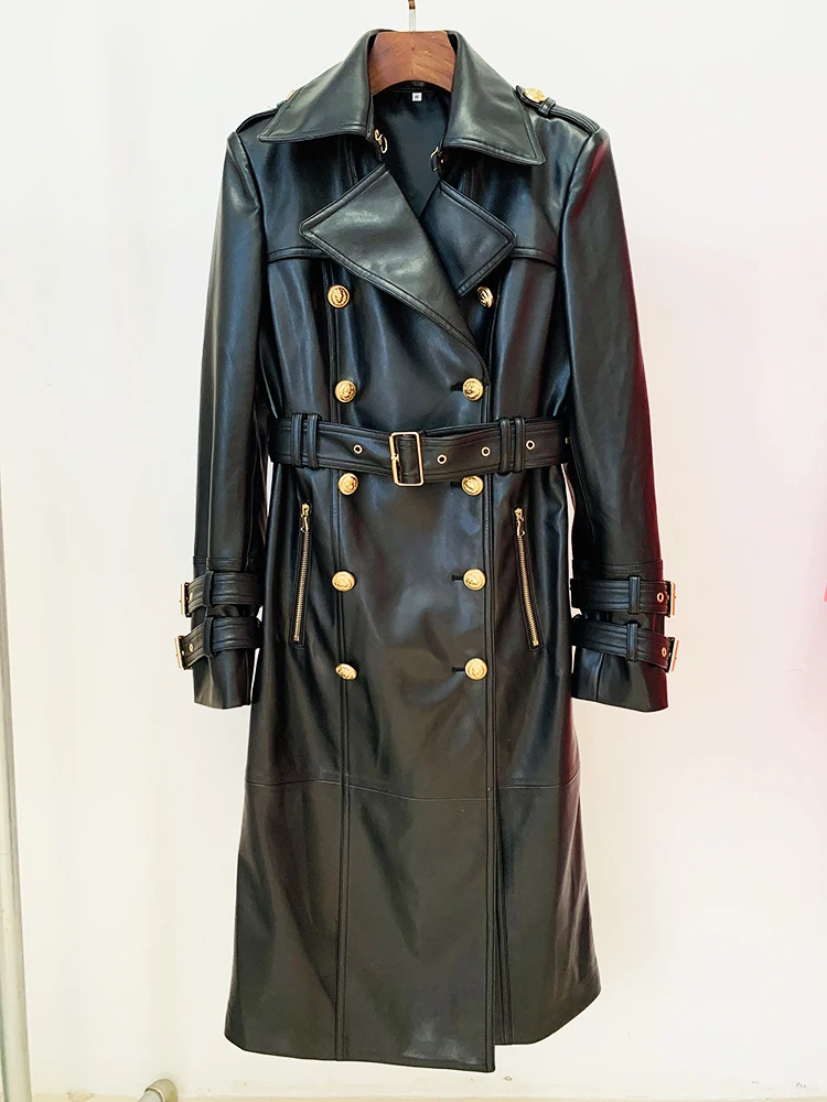 HIGH STREET Newest 2024 Fall Winter Designer Trench Women's Double Breasted Lion Buttons Synthetic Leather Long Trench OverCoat