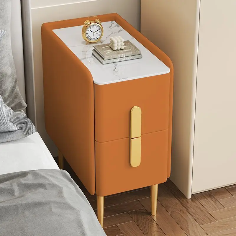 Solid wood rock panel leather extremely simple modern mini bedside table bedroom intelligent internet celebrity light luxury image 5