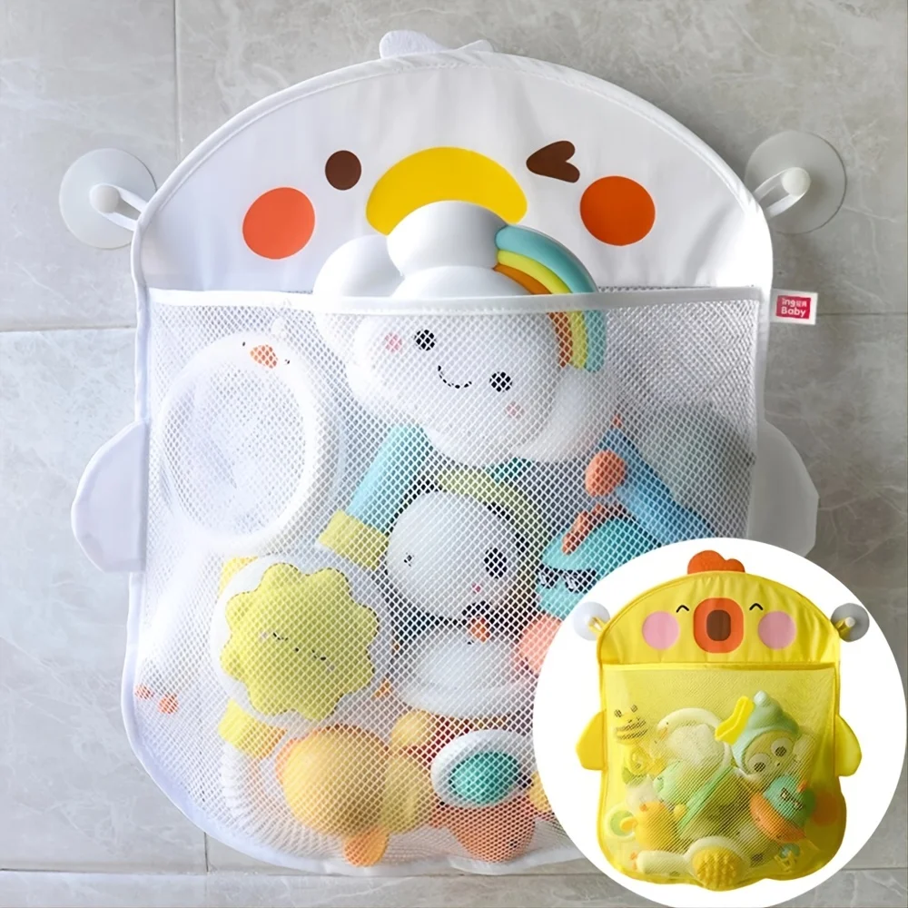 Cute Duck Mesh Net Storage Bag, Suporte de banho de secagem rápida com ventosas, Jogo de banho perfeito para organização