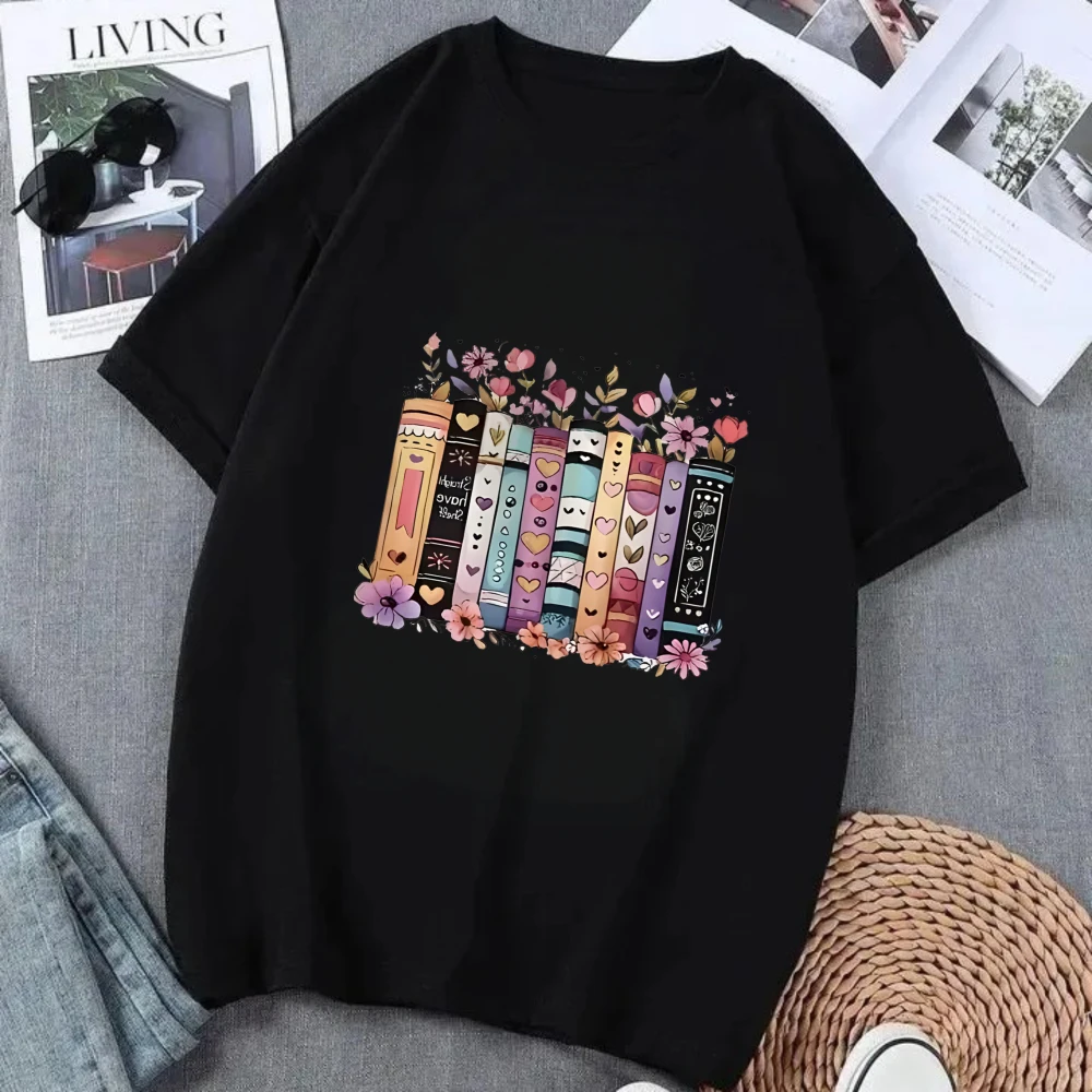 Cute Floral Book Stack TShirt Kawaii Pastel Book Lover Print Casual Short Sleeve Tee for Women Bookworm Reader Gift