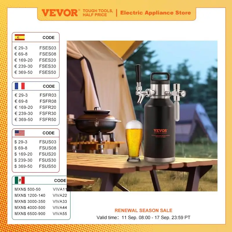 VEVOR Mini Barril de Cerveza Portátil 1,89 L Mini Barril Presión Ajustable 0~30 PSI de Acero Inoxidable Sistema de Grifo Aislado a Presión para