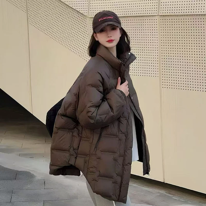 

Зимний свободный пуховик с воротником-стойкой, женский повседневный пуховик на молнии на молнии, женские однотонные теплые куртки-парки на белом утином пуху