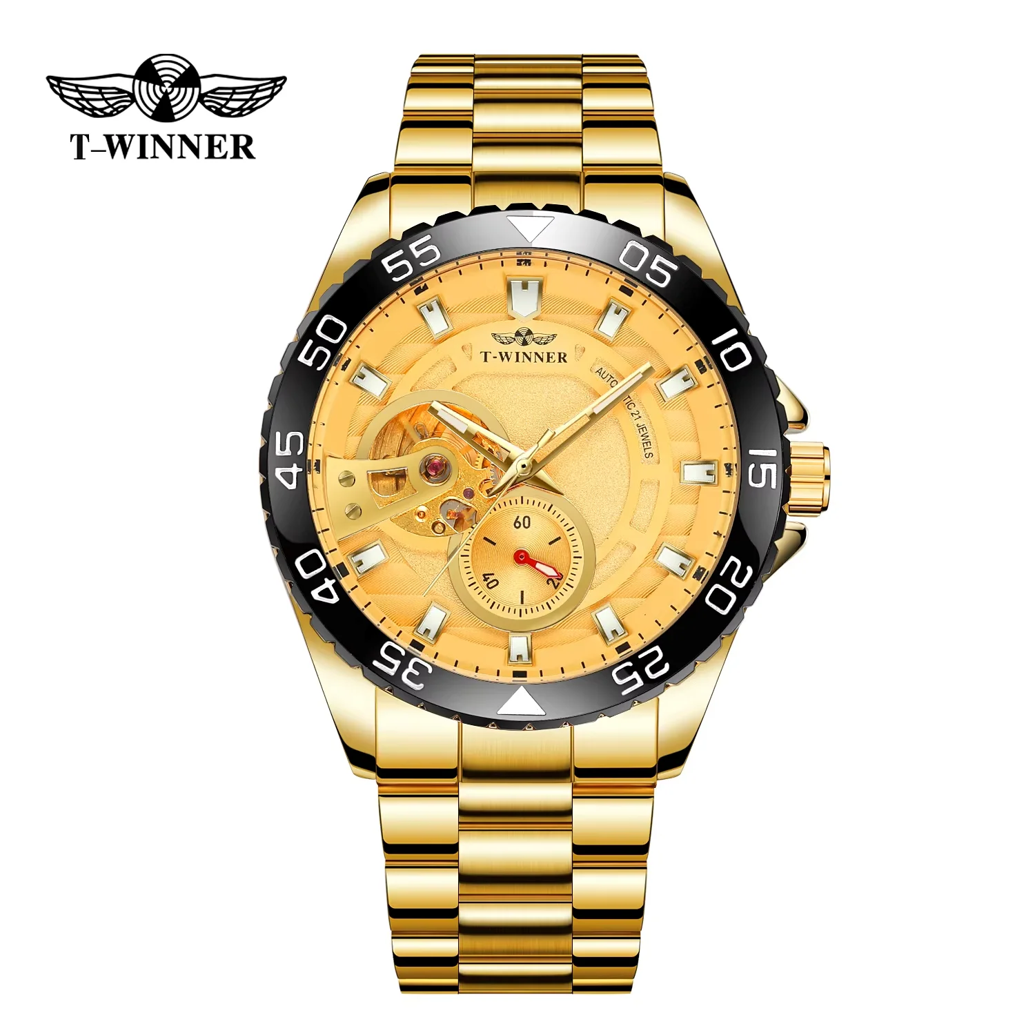 

T-winner Gear Round double ring Nail scale mechanical Watch Gold steel band Men's mechanical watch