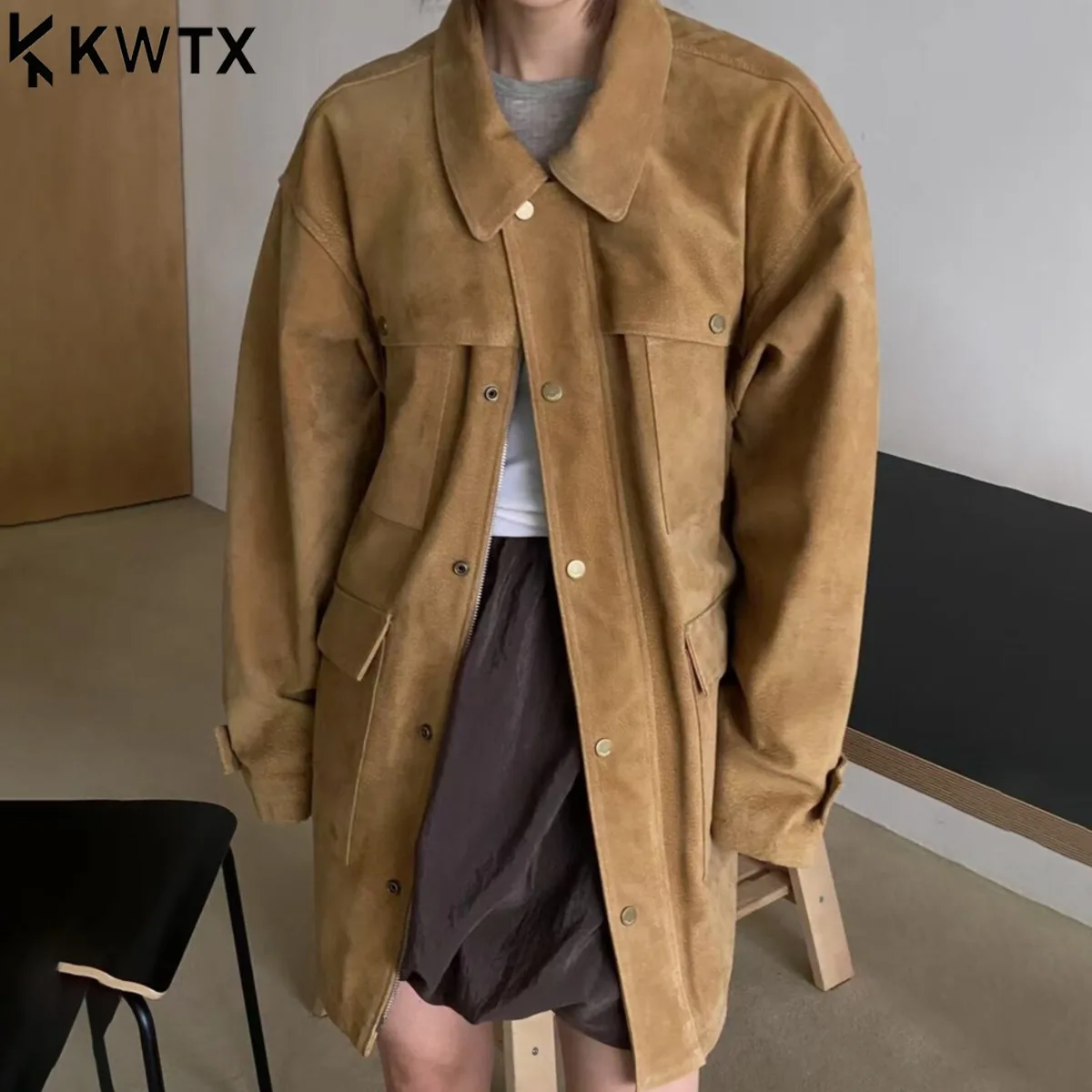 

KWTX Oversized Faux Leather Coat Mid-Length Teddy Jacket Women’s Casual Faux Fur Outerwear Elegant Workwear Chic Coat