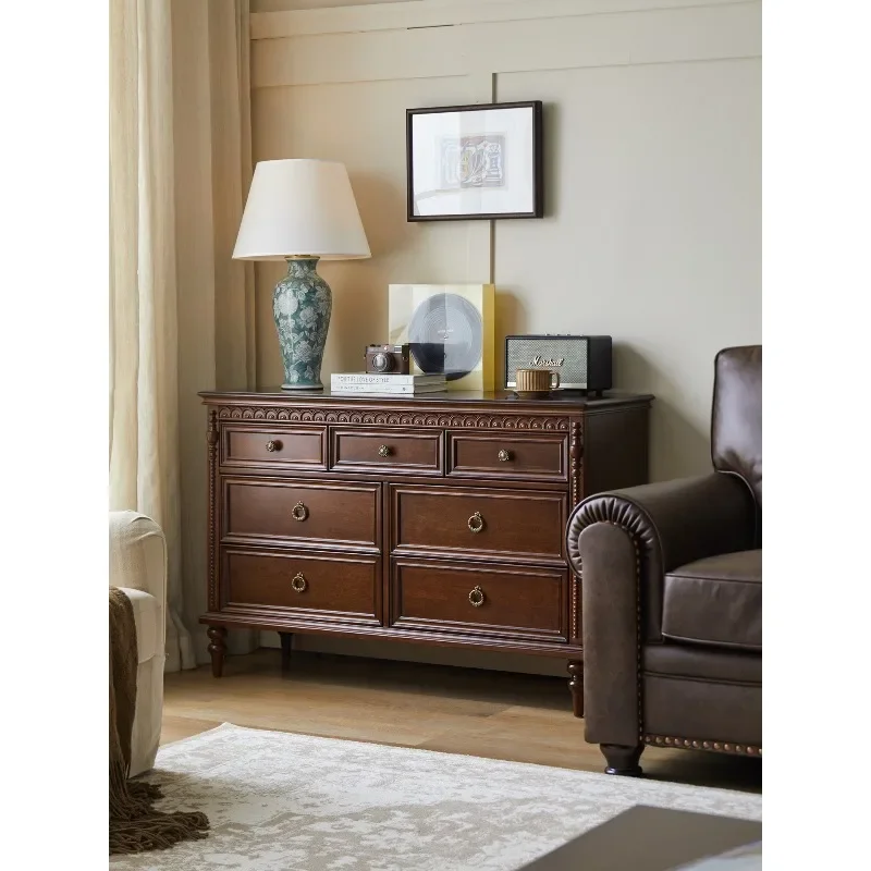 French retro solid wood seven-chest cabinet, living room porch nine-chest cabinet,