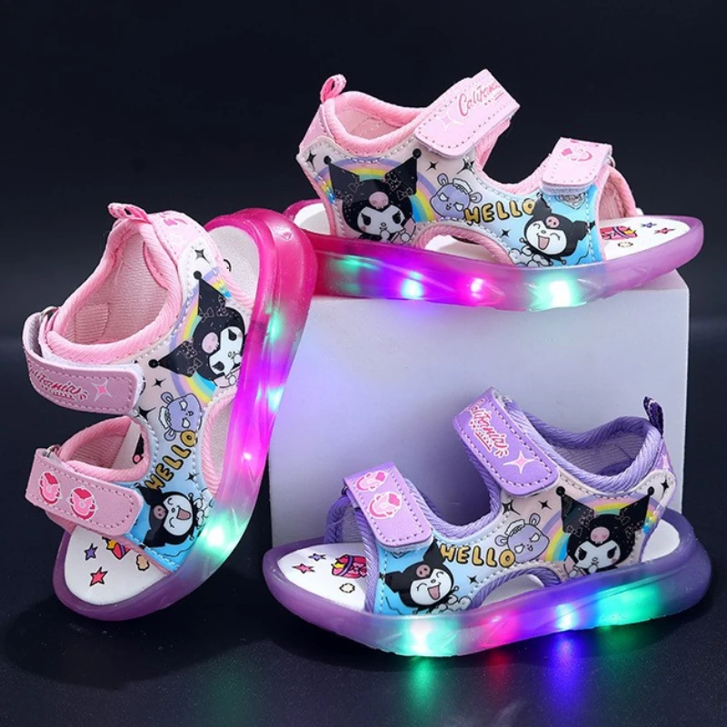 2024 Summer New Baby Led Light Girls Sandals Cute Kuromi Children\'s Casual Shoes Anti-slip Kids Beach Shoes Outdoor Shoes