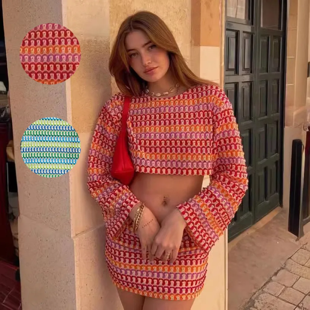 

Sexy Colorful Stripe Printed Crop Top Mini Dress Suit Women Chic Round Neck Flare Long Sleeve Short Tops Hip Wrap Slim Skirt Set