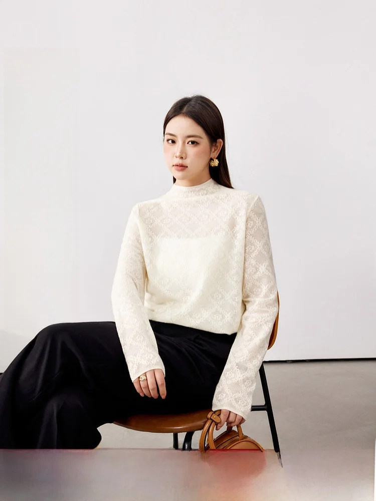 

Blue Language plus Size Women's Knitted Lace Embroidery Woolen f High Collar Inner Wear Spring Slimming Top