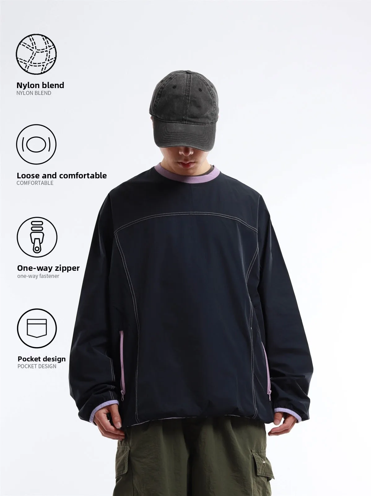 Loose Fit Long Sleeve Zipper Pocket Woven Quick Dry round Neck Cityboy T-shirt Functional Style Japanese Color Block Shoulder...
