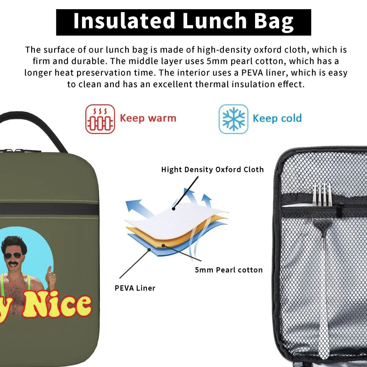 Borat Very Nice, Digital Artwork Insulated Lunch Bag for Women Children Portable Food Boxes Thermal Lunch Box Tote