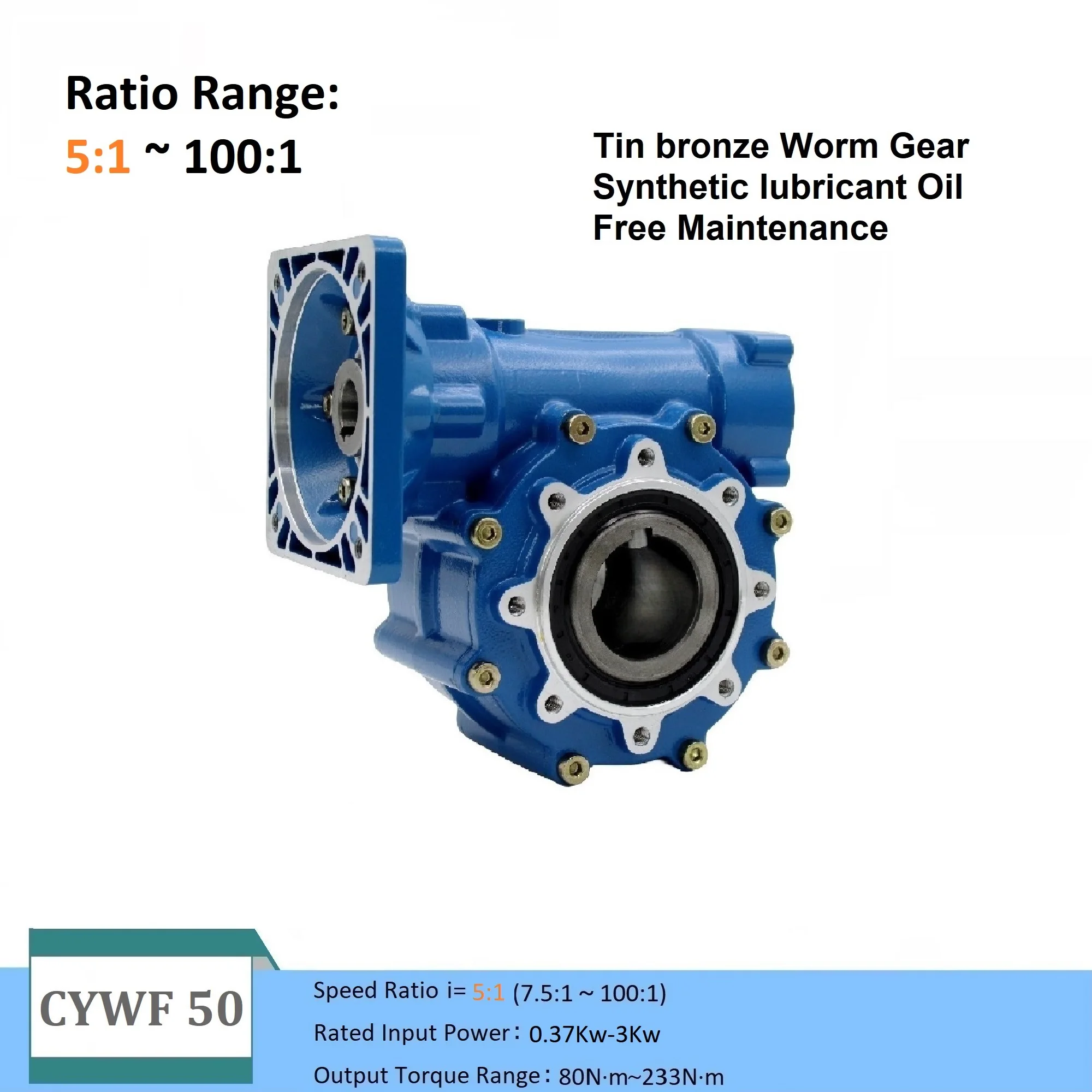 CHENYUE  Worm Gearbox CYWF50 Gear reducer Flange130*130 Input 22 Output 50mm Ratio 5:1-100:1 80-233N.m Motor 0.37kw-3.1Kw