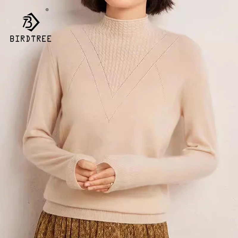 BirdTree,35% Cashmere 65% Wool Elegant Sweater,suitable for Casual and Fashionable Commuting Style,Autumn and Winter T48916KS