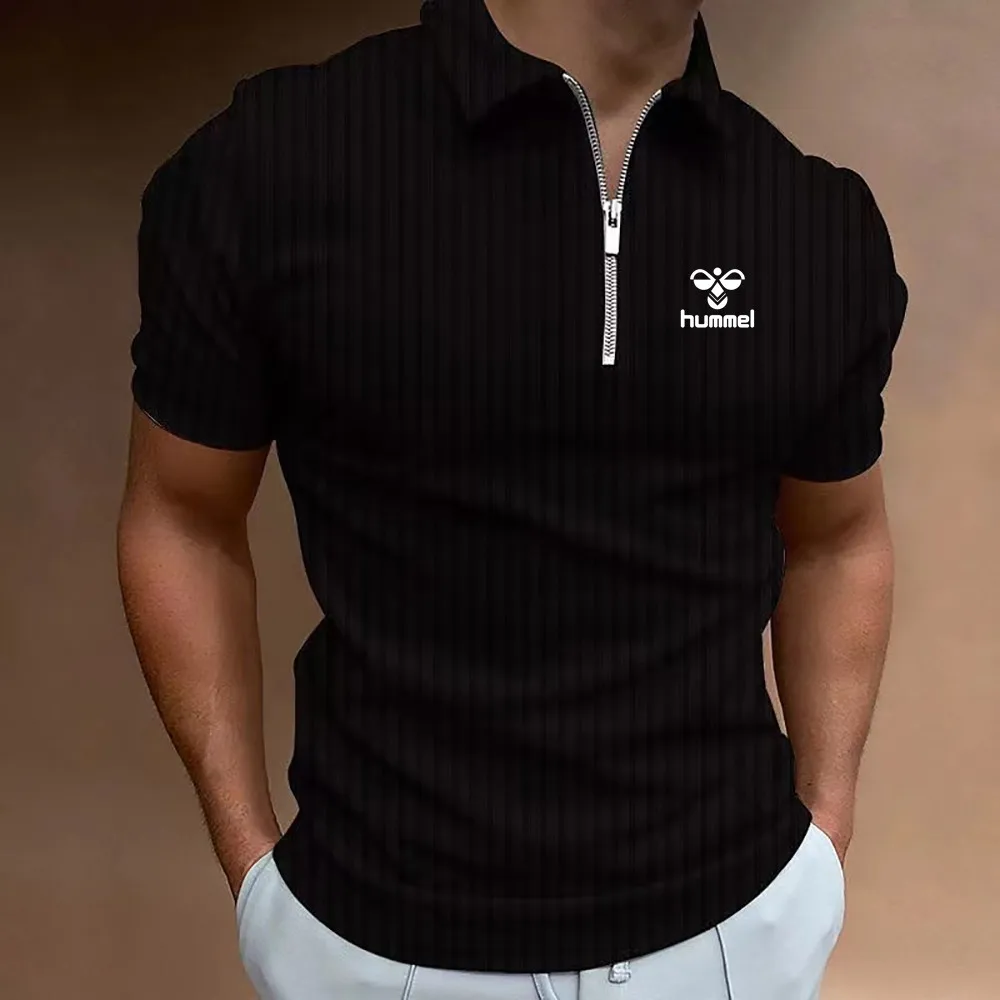 2024 New Men\'s Brand HUMMEL Fashion Polo Shirt Summer Striped Zipper Men\'s Polo Shirt Solid T-shirt Short Sleeve Shirt Casual Sl