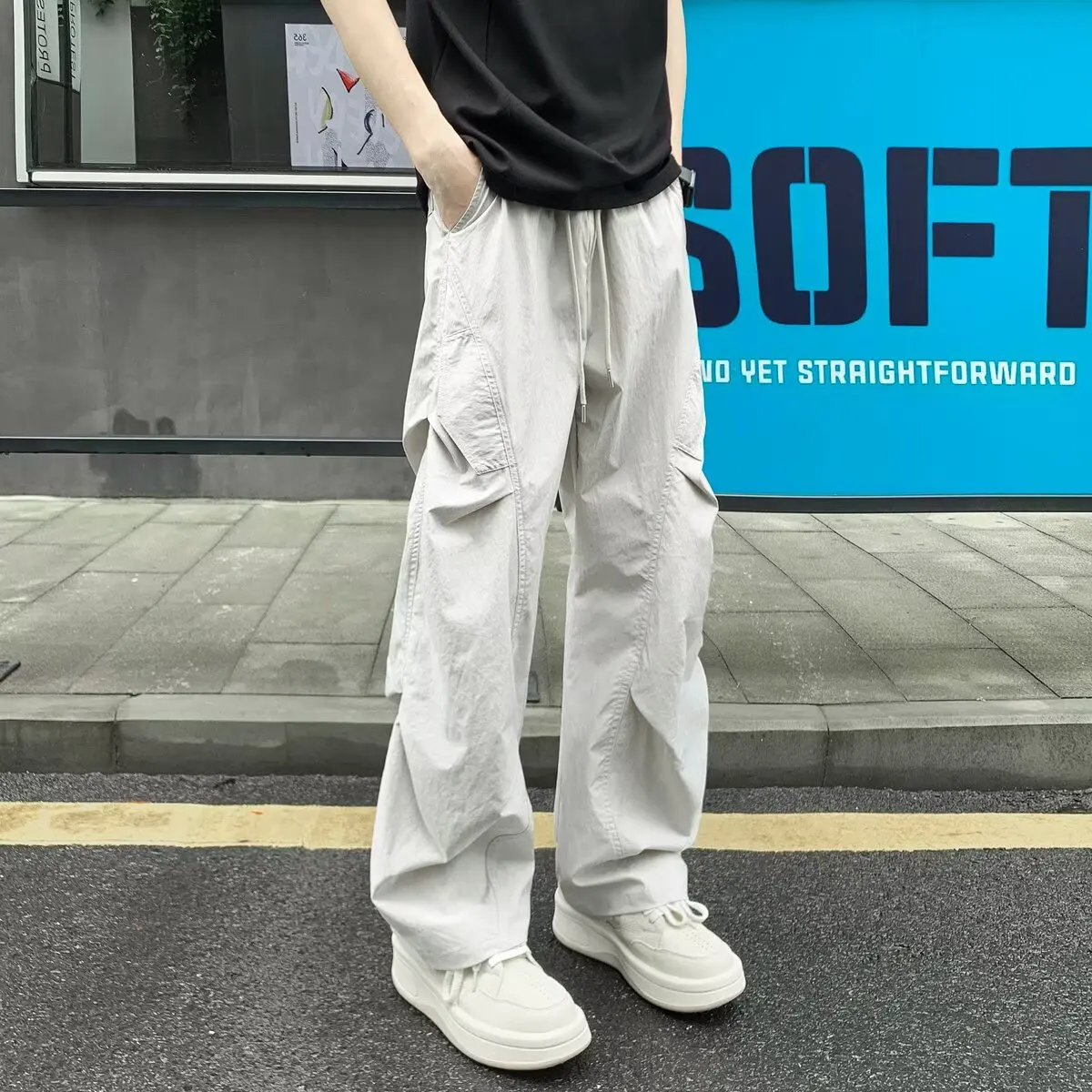 

ay White Men's Loose Straight Leg Work Pants Qui Dry American Sle Casual Trousers Spor Long Trousers