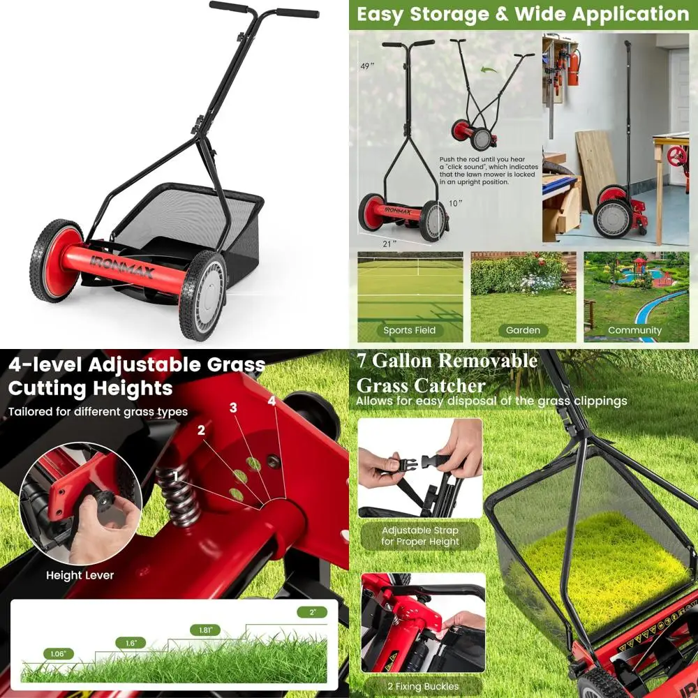 

Cordless 14 Inch 5-Blade Lawn Mower with 7 Gallon Grass Bag, Adjustable Walk-Behind Grass Cutter for Yard Maintenance