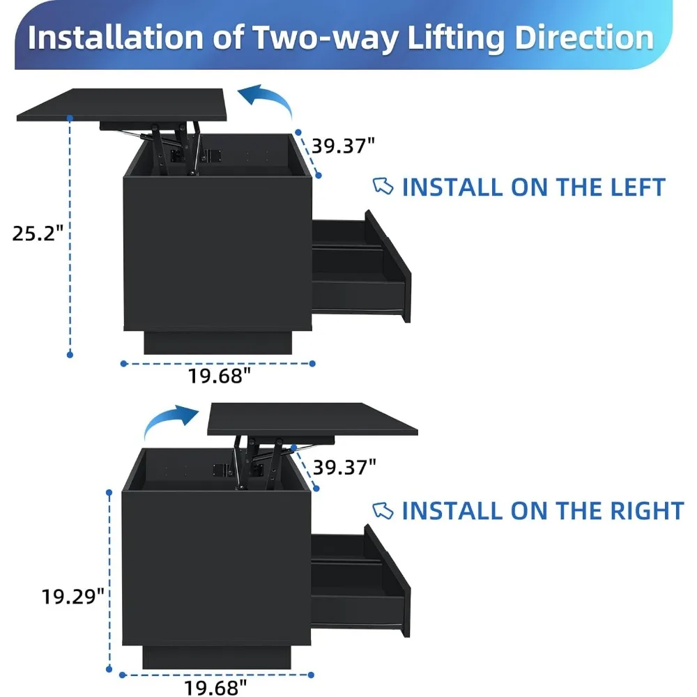 Coffee Table with LED Light Storage Black Coffee Table for Living Room  Tea Table  Compartment & 2 Open Shelve & 2 Drawers