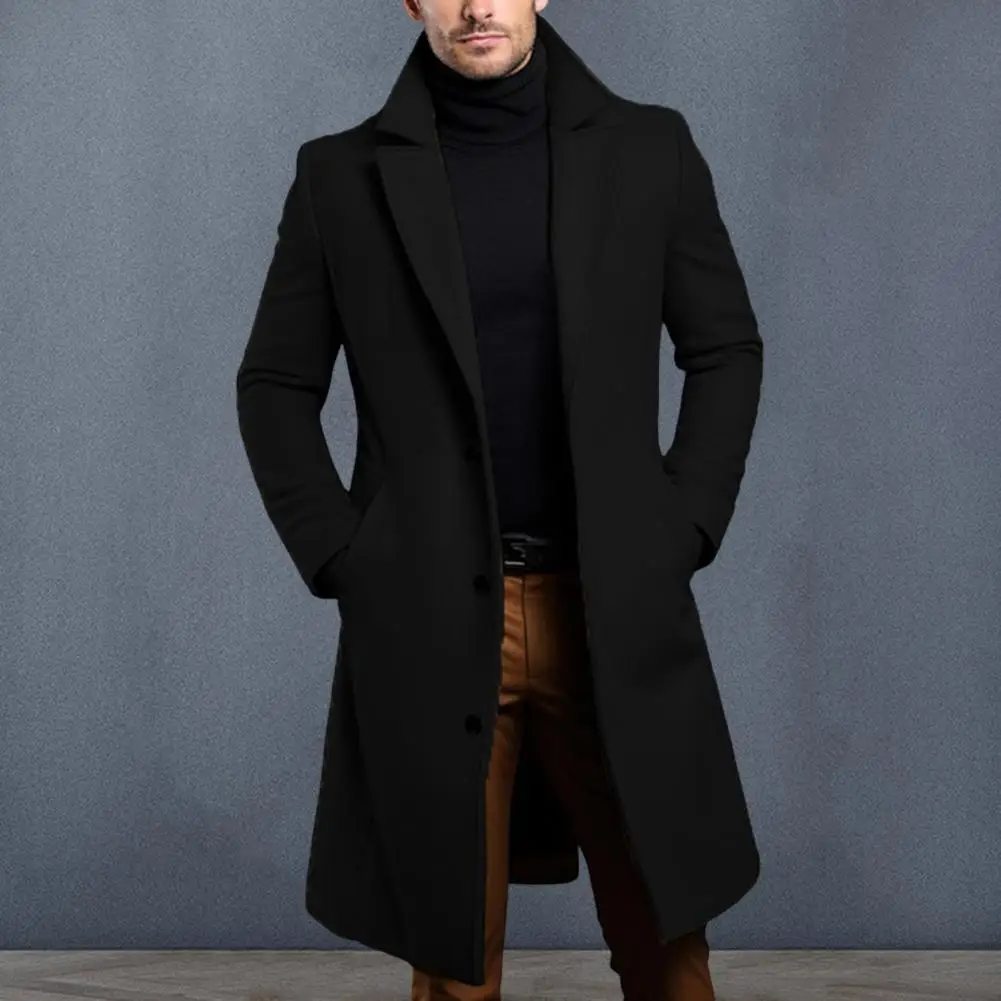 Men Woolen Coat Stylish Men's Woolen Coat With Lapel Pockets For Autumn Winter Mid-length Windbreaker Outwear For Formal