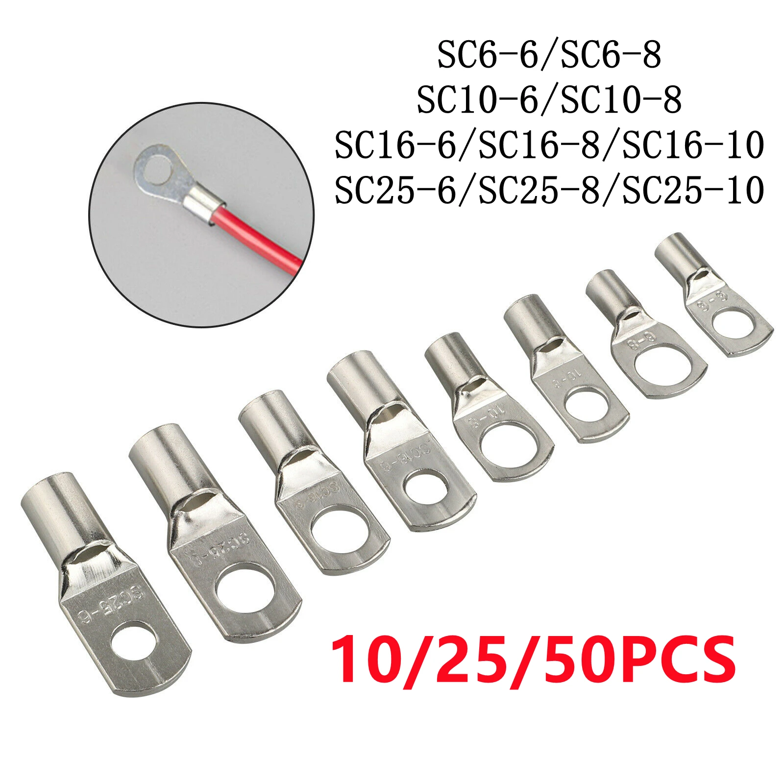 

50/25/10 шт. SC неизолированные медные клеммы, провода, сварочные кабельные наконечники, соединитель, холоднопрессованные обжимные клеммы, подходят для женской спецификации