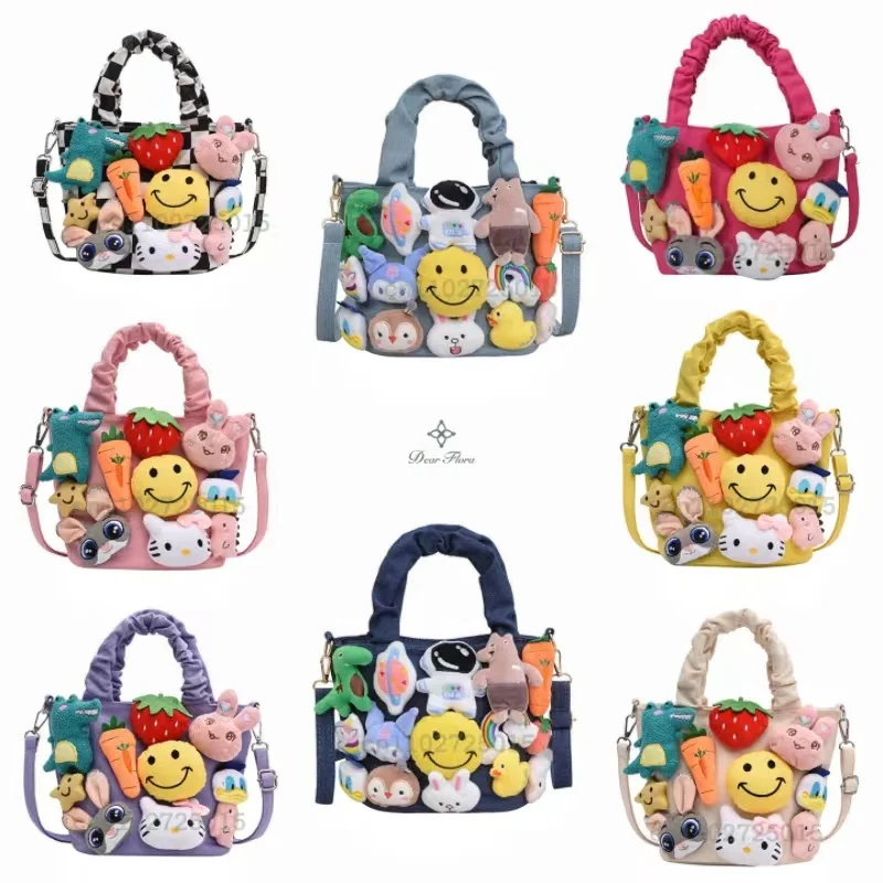 Y2K Denim Cartoon Doll Decoration Crossbody Bag Casual Canvas Shoulder Bag Trendy Tote Fashion Design Handbag Cute Women Purses