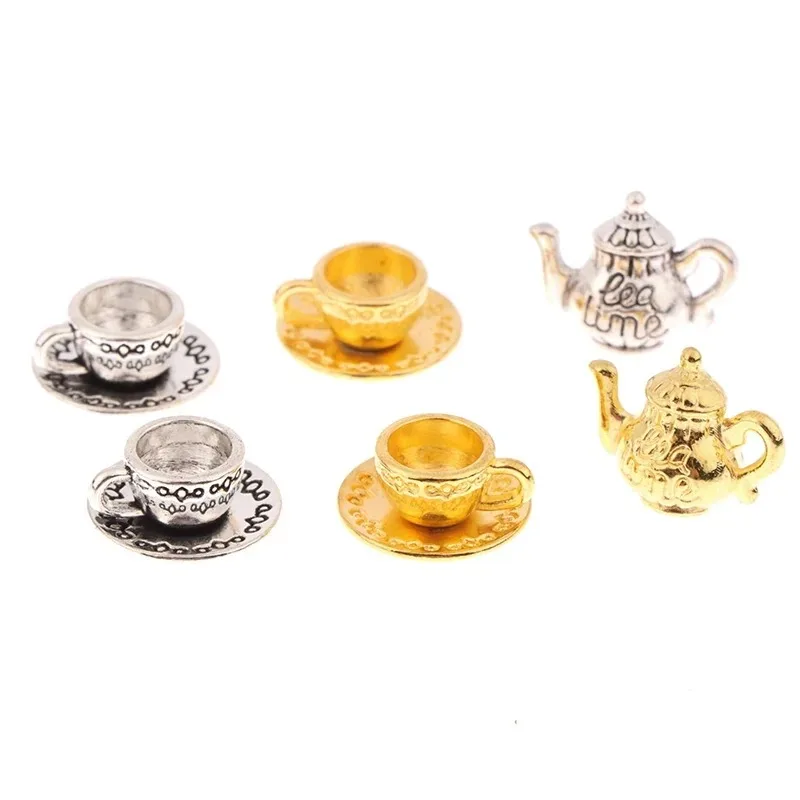 1Set Kawaii 1:12 Mini Metal Tea Set, Tiny Teapot Cup Saucer Tableware for Dollhouse Dining Scene Cute Decoration