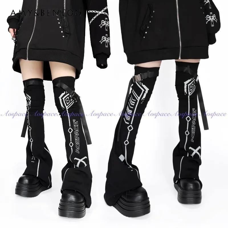 Japanese Harajuku Style Gothic Print Button Dark Subculture Leg Warmers Street Punk Slim Over-the-Knee Socks Versatile Y2K Socks