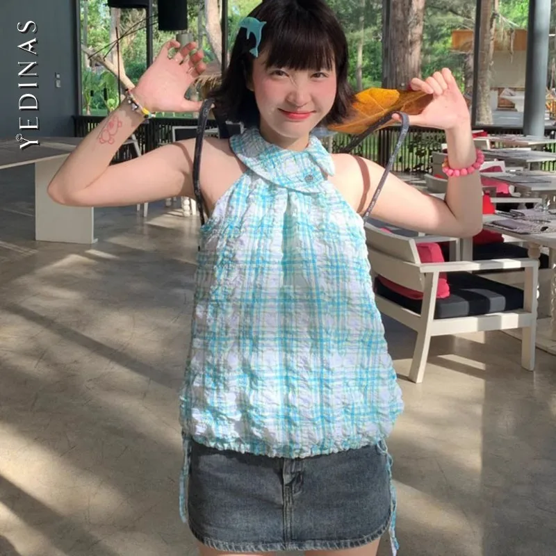 

Yedinas Sweet Plaid Halter Tops Sleeveless Tshirts Tank Tops Japan Style Summer Tops Y2k 2000s Clothes Y2k Tanktop Chic Korean