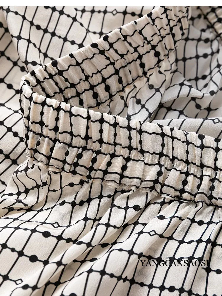 レディースファッション衣料品 3.7m 超大型ベージュグリッド柄 100% 天然桑絹クレープデシン斜めカットスカート