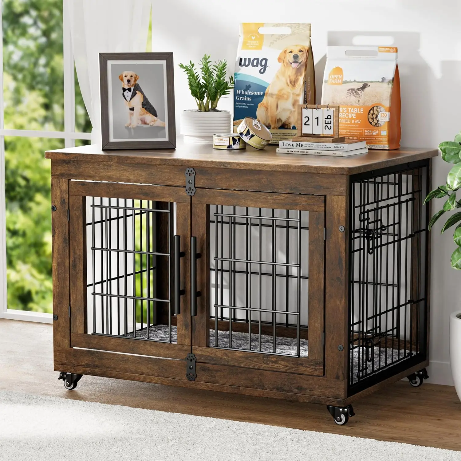 Dog Crate Furniture with Cushion, Wooden Dog Kennel Indoor with Double Doors, age with Wheels, House Side End Table for