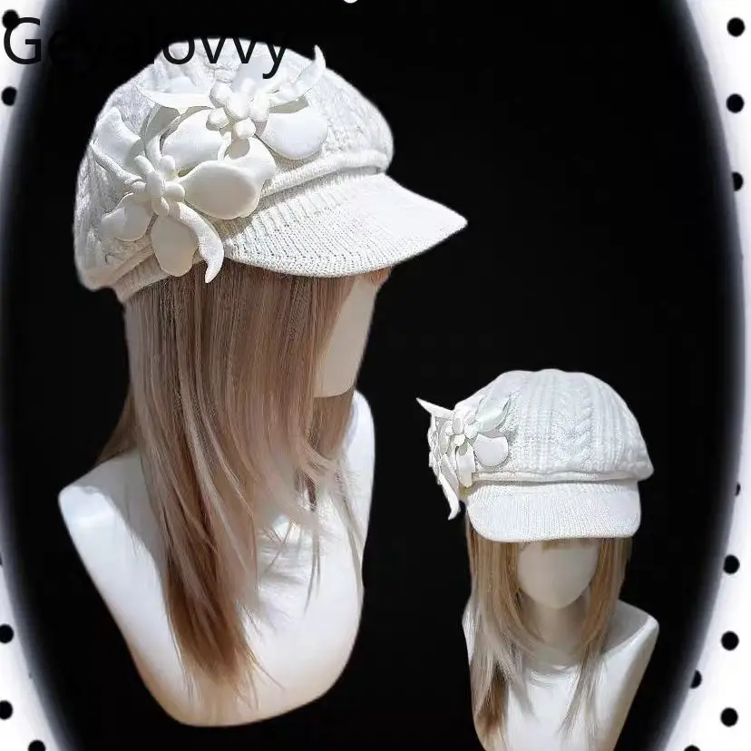 

Japanese Style Original Hat with 3D Flowers Knitted Beret Autumn and Winter Fleece-Lined Warm Versatile Solid Color Baseball Cap