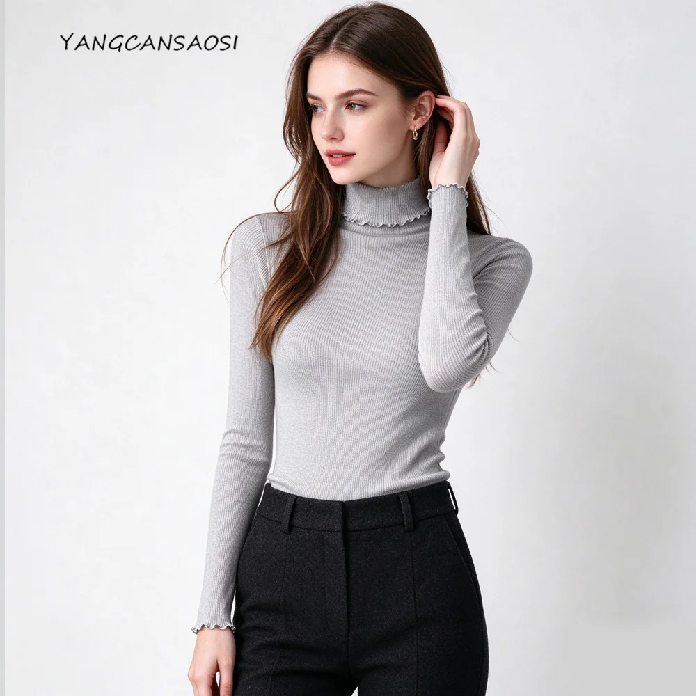 Women's Autumn/Winter Clothing 80% Natural Mulberry Silk 20% Cotton Blend High Neck Long Sleeved Slim Fit Warm Knit Sweater