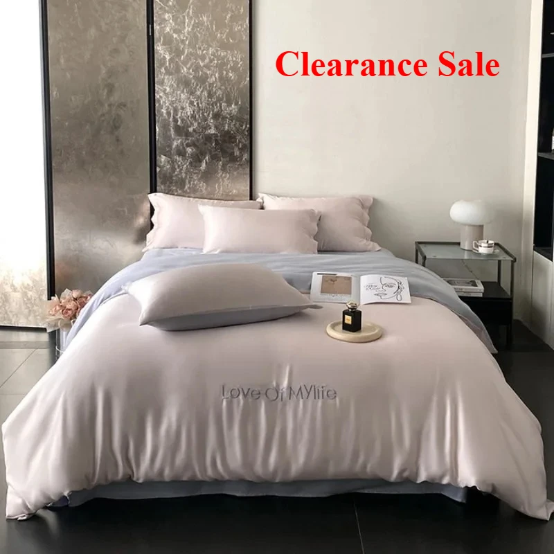 

New craft ice silk printing embroidery fashionable solid color double-parcel four-piece set of sheets and bed hats