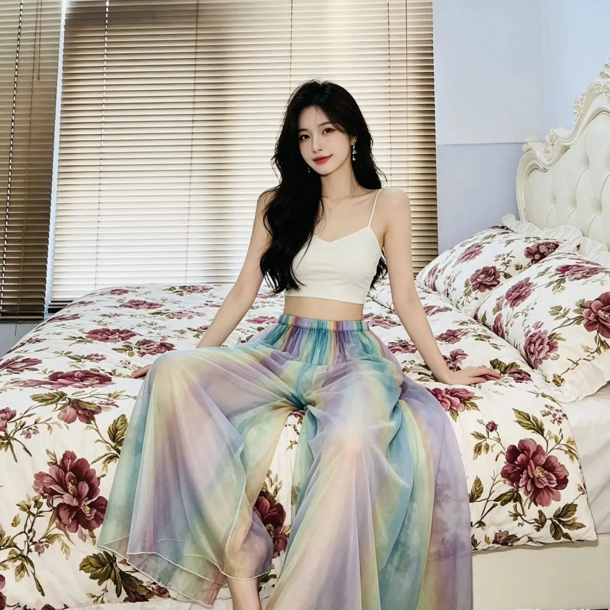 Silk Transparent Smooth Wide-leg Skirt Pants Unisex Loose Fashionable Lazy Style Naked Sleep Printed Sheer Sexy Pants