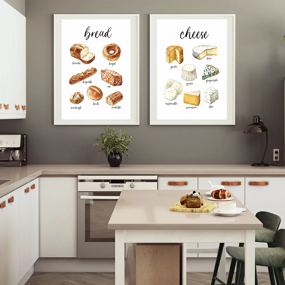 الفاكهة الخضروات الخبز الجبن المعكرونة المكسرات قماش اللوحة المائية الغذاء المشارك طباعة صورة جدار ديكور المطبخ ديكور المنزل