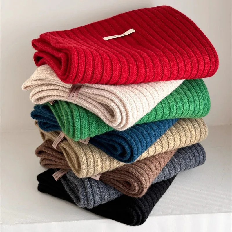 100% Wool Scarf for Women Men Thick Solid Color Knitted Neck Warmer Soft Warm All Match Winter Couple Scarf with Cloth Label