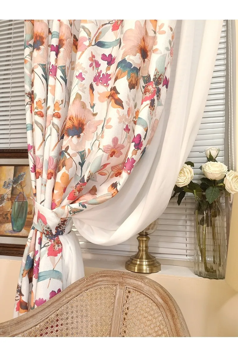 American Countryside Vintage Französische romantische Blumenvorhänge für Wohnzimmer, Esszimmer, Schlafzimmer, verdickter Baumwollleinen-Druck – Detail 7