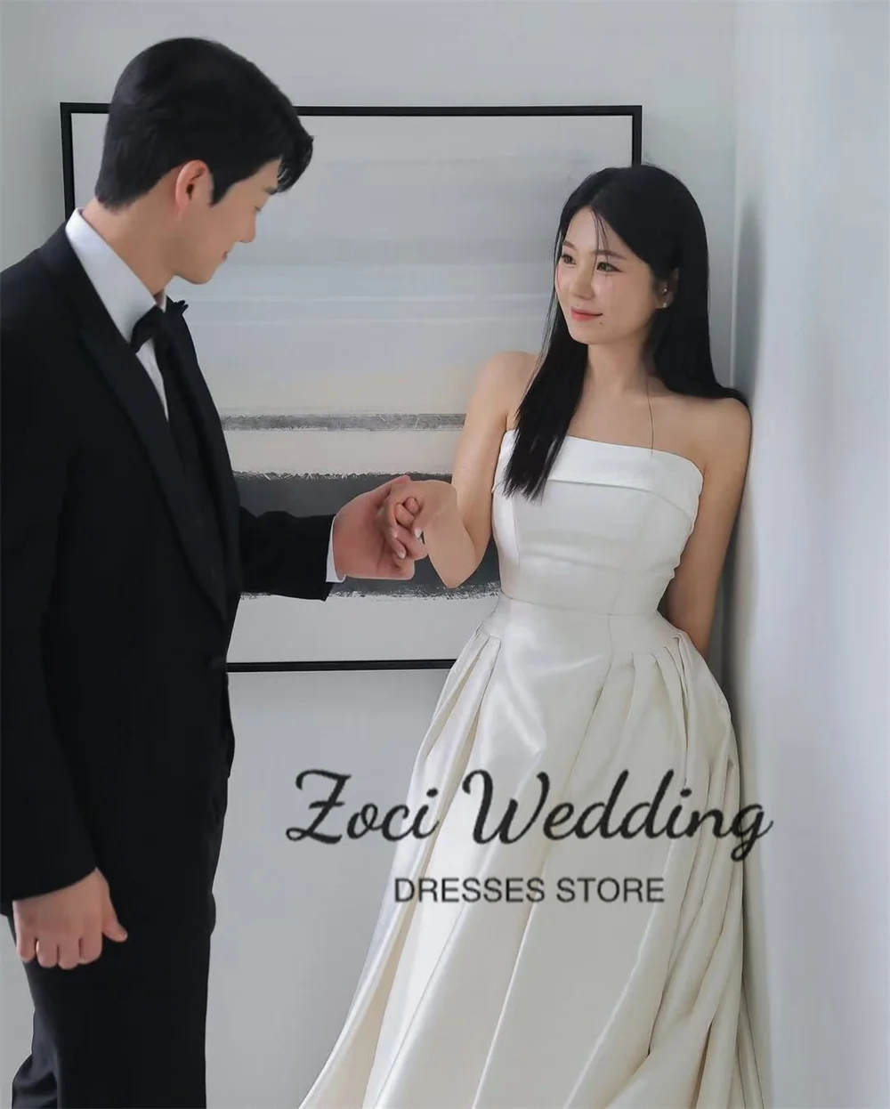 Zoci Satin Simple Wedding Gown Off the Shoulder A-line Wedding Dresses Customized Elegant Draped Bridal Gown Korea Photo Shoot