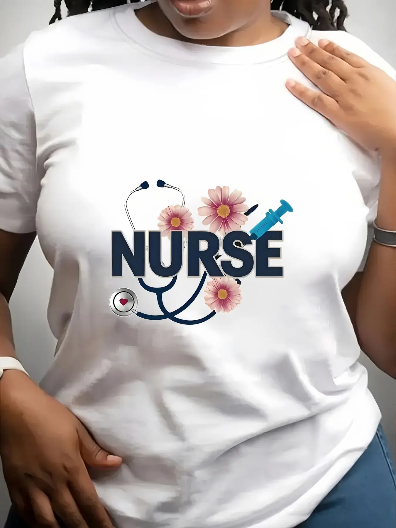 Women's Trendy Crew Neck T-Shirt Nurse Stethoscope Flower Syringe Design Suitable for Casual Sportswear
