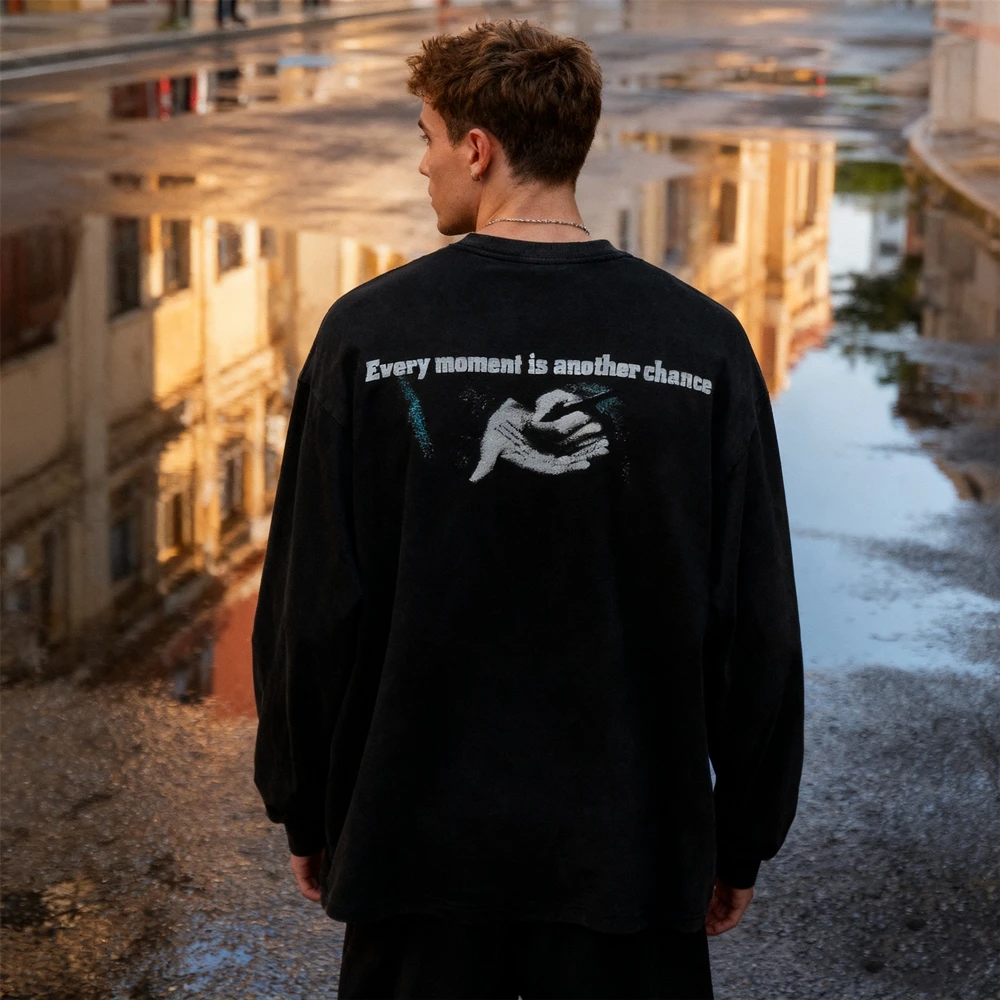 KUCLUT 8mile Fashion Best Quality American Style Graphics Printed Tee Loose Oversize Long Sleeves Tops Vintage T Shirt Men