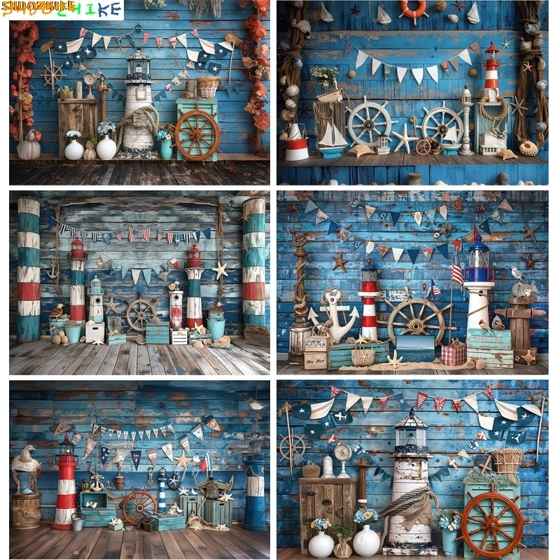 

Blue Marine Lighthouse Sailboat Photography Backdrops Fishing Net Balloon Photo Studio Background Birthday Party Decor YW-01