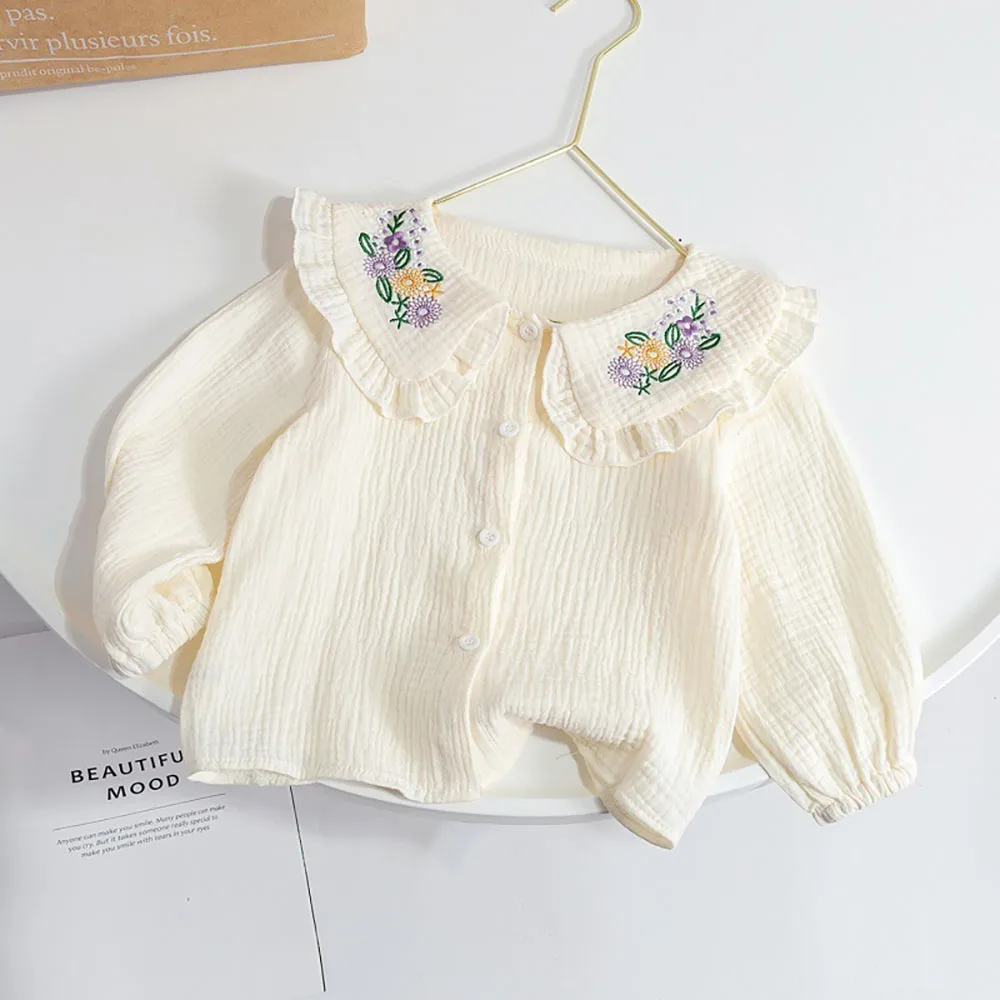 Floral Embroidery Baby Girls Shirts Spring Autumn Sweet Ruffles Peter Pan Collar Long Sleeve Shirts Kids Tops Children Clothes