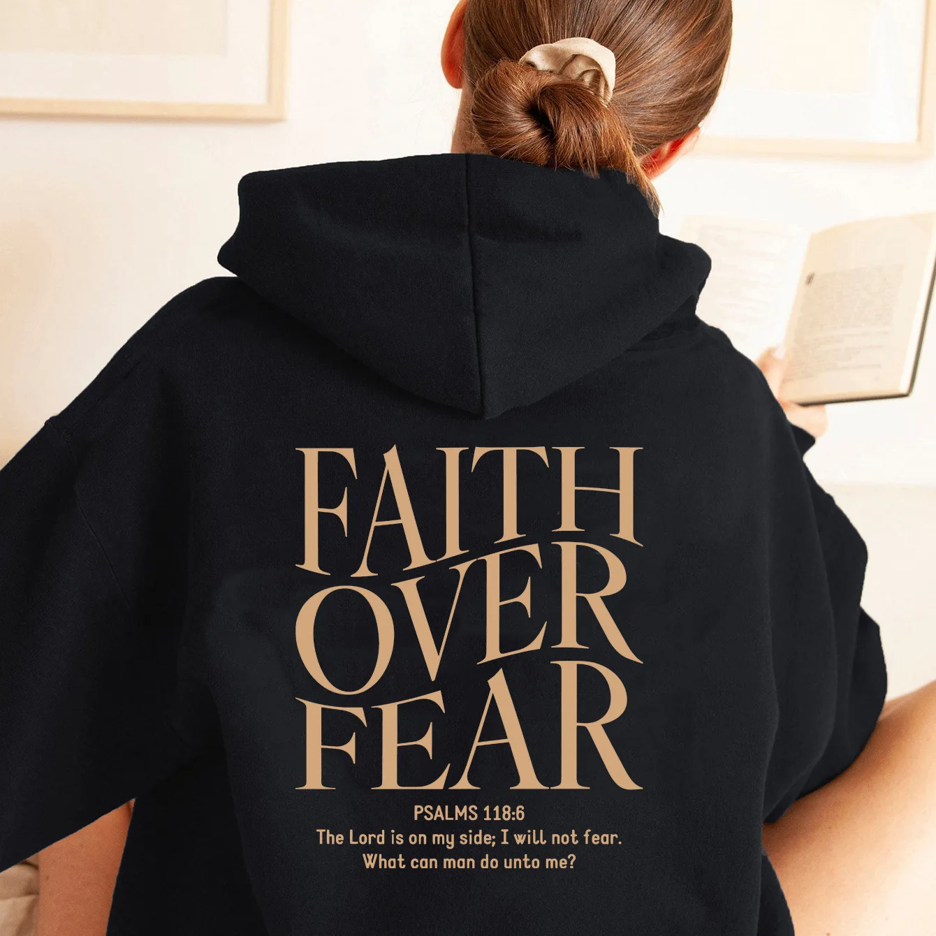 FAITH OVER FEAR Autumn European and American foreign trade simple plain color letter printed hooded men\'s and women\'s top hoodie