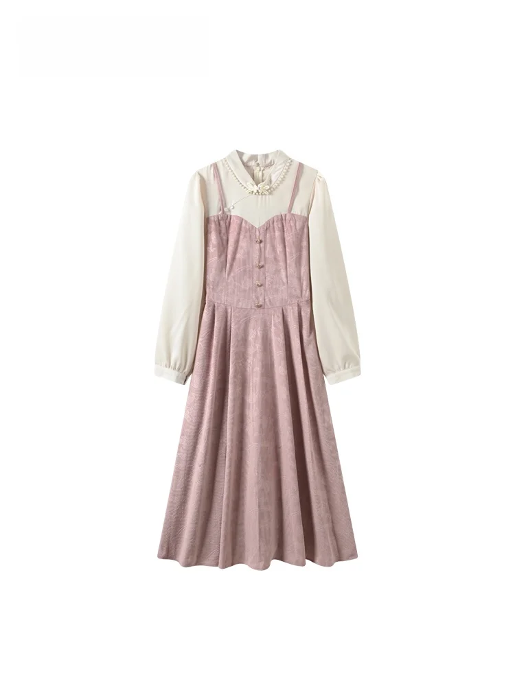 

Большие размеры Fairy Tea Break Long Sve Dr, женская осенне-зимняя новинка, трапециевидной формы с высокой талией, смесь вискозы из полиэстера, Thi D...